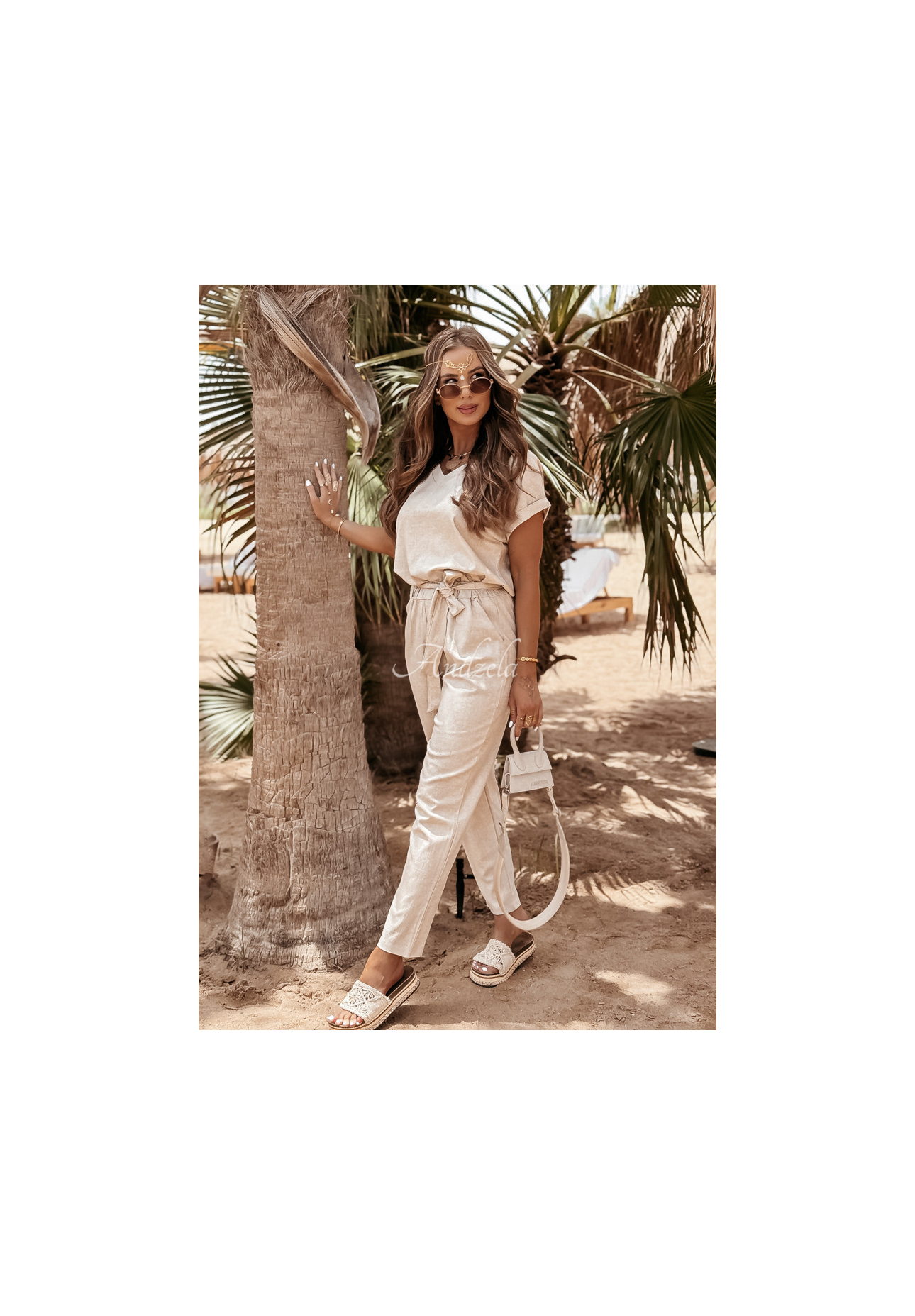 Lniany komplet T-shirt i spodnie Summer In Us beżowy