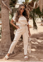 Lniany komplet T-shirt i spodnie Summer In Us beżowy