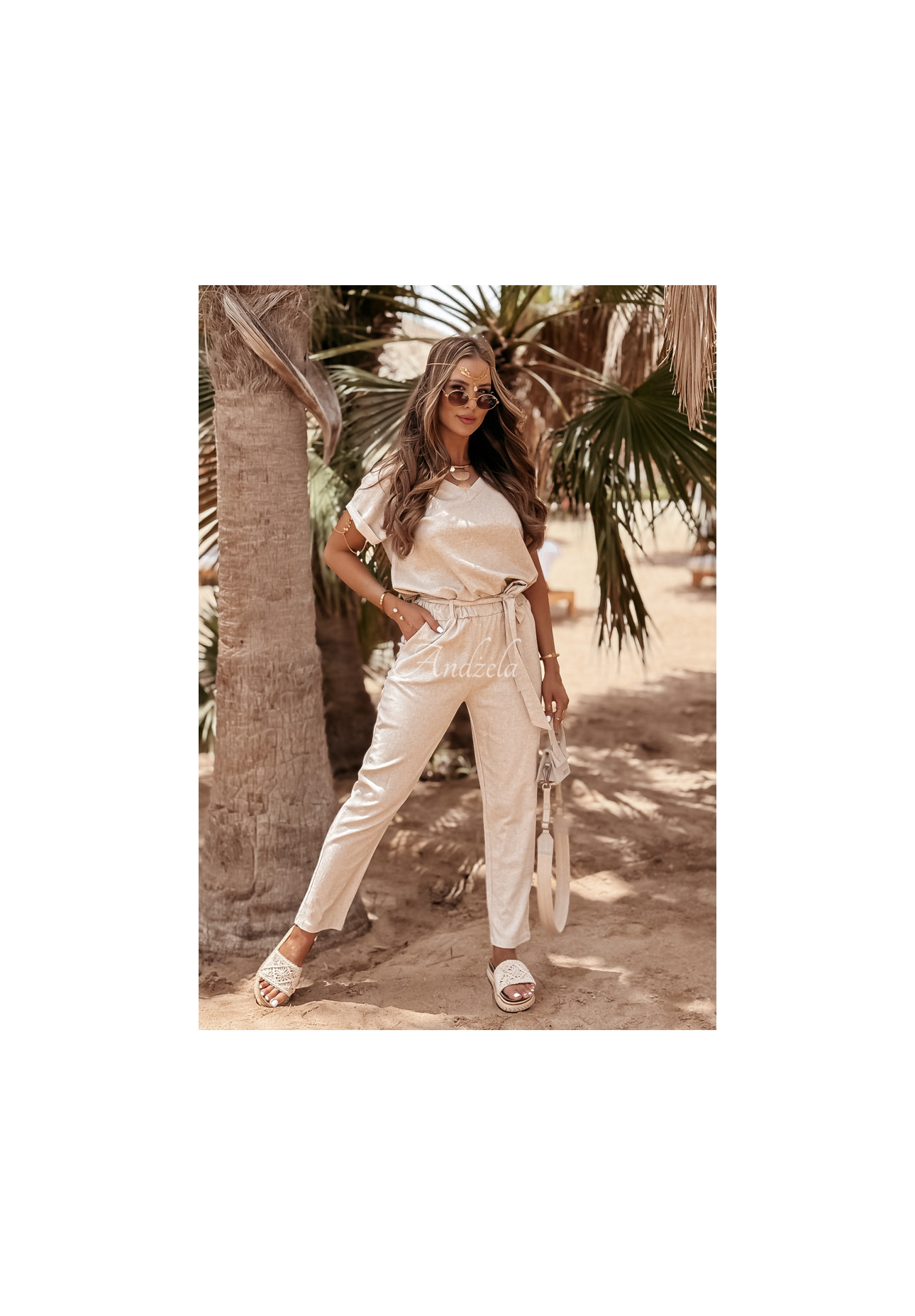 Lniany komplet T-shirt i spodnie Summer In Us beżowy