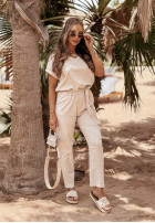 Lniany komplet T-shirt i spodnie Summer In Us beżowy