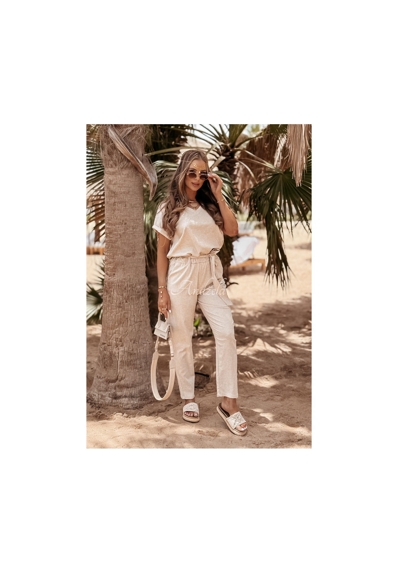 Lniany komplet T-shirt i spodnie Summer In Us beżowy