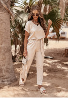 Lniany komplet T-shirt i spodnie Summer In Us beżowy