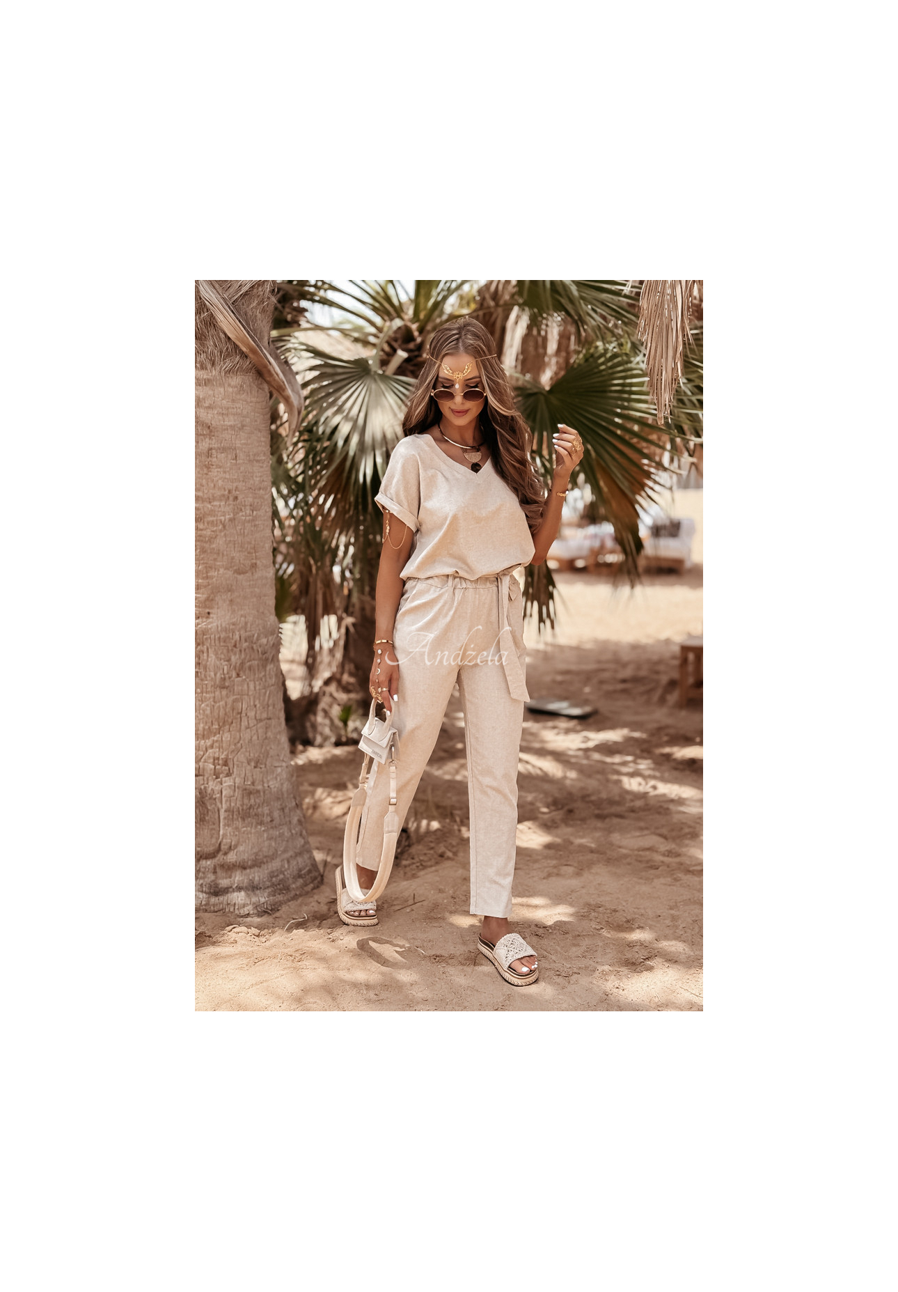 Lniany komplet T-shirt i spodnie Summer In Us beżowy