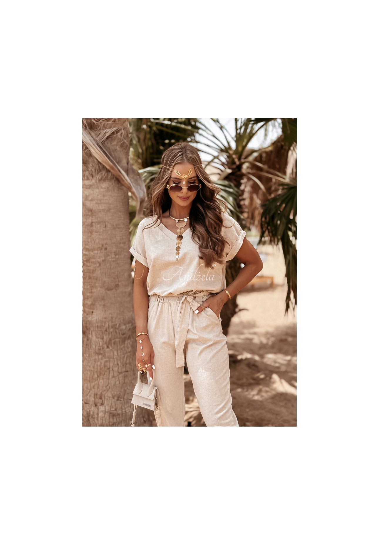 Lniany komplet T-shirt i spodnie Summer In Us beżowy