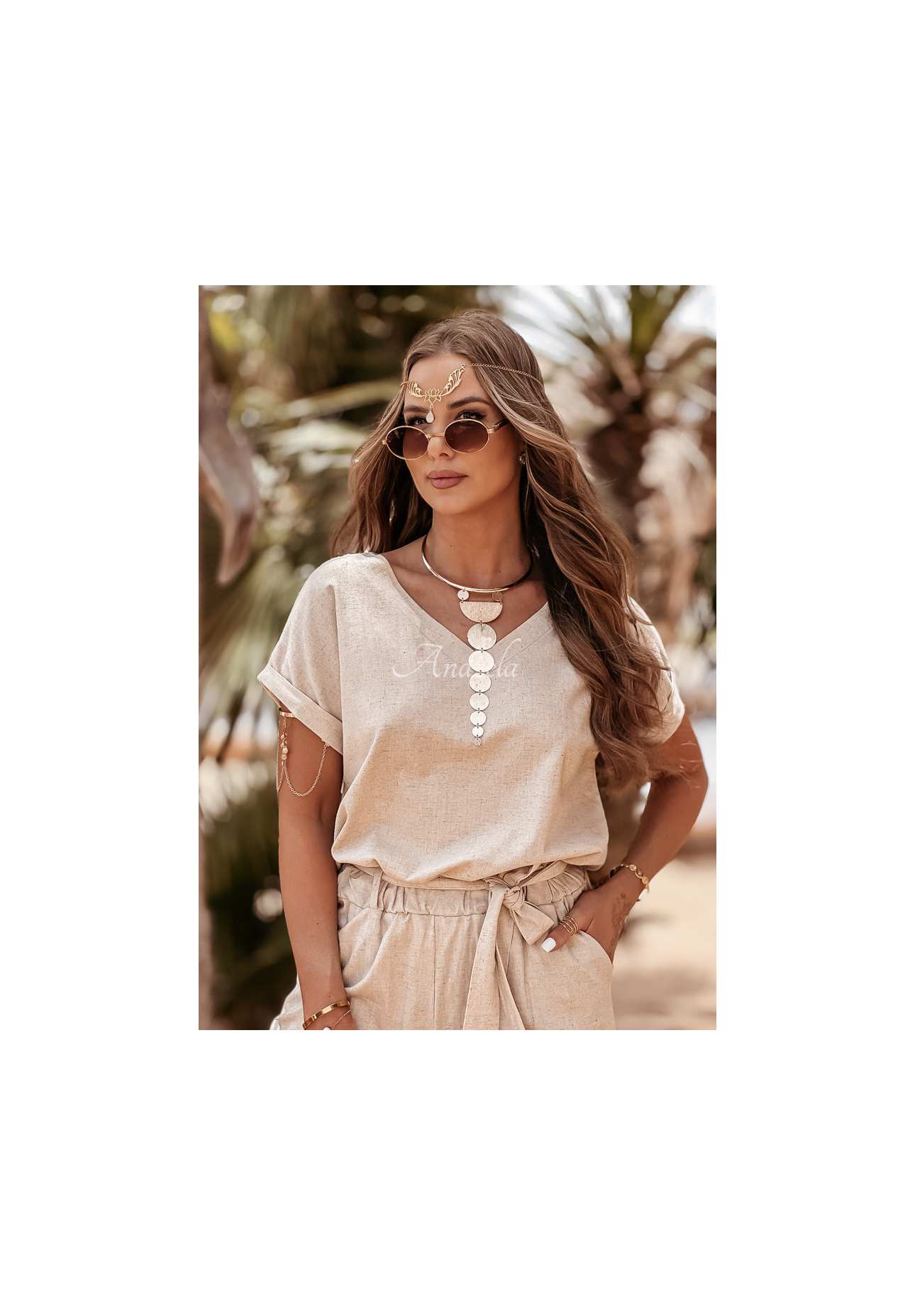 Lniany komplet T-shirt i spodnie Summer In Us beżowy