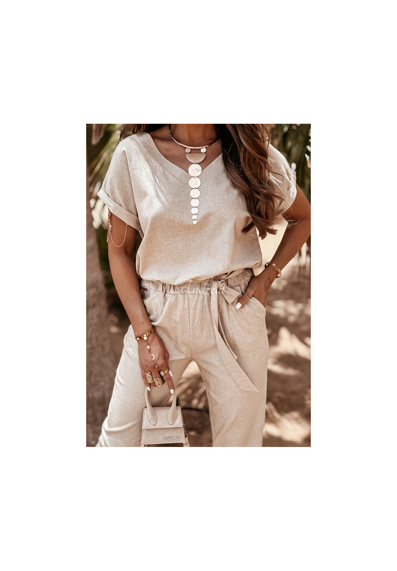 Lniany komplet T-shirt i spodnie Summer In Us beżowy