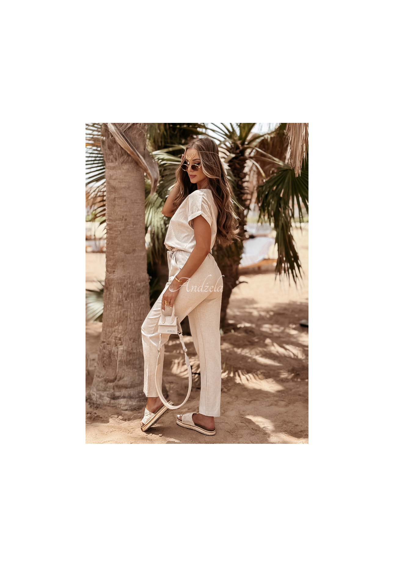 Lniany komplet T-shirt i spodnie Summer In Us beżowy