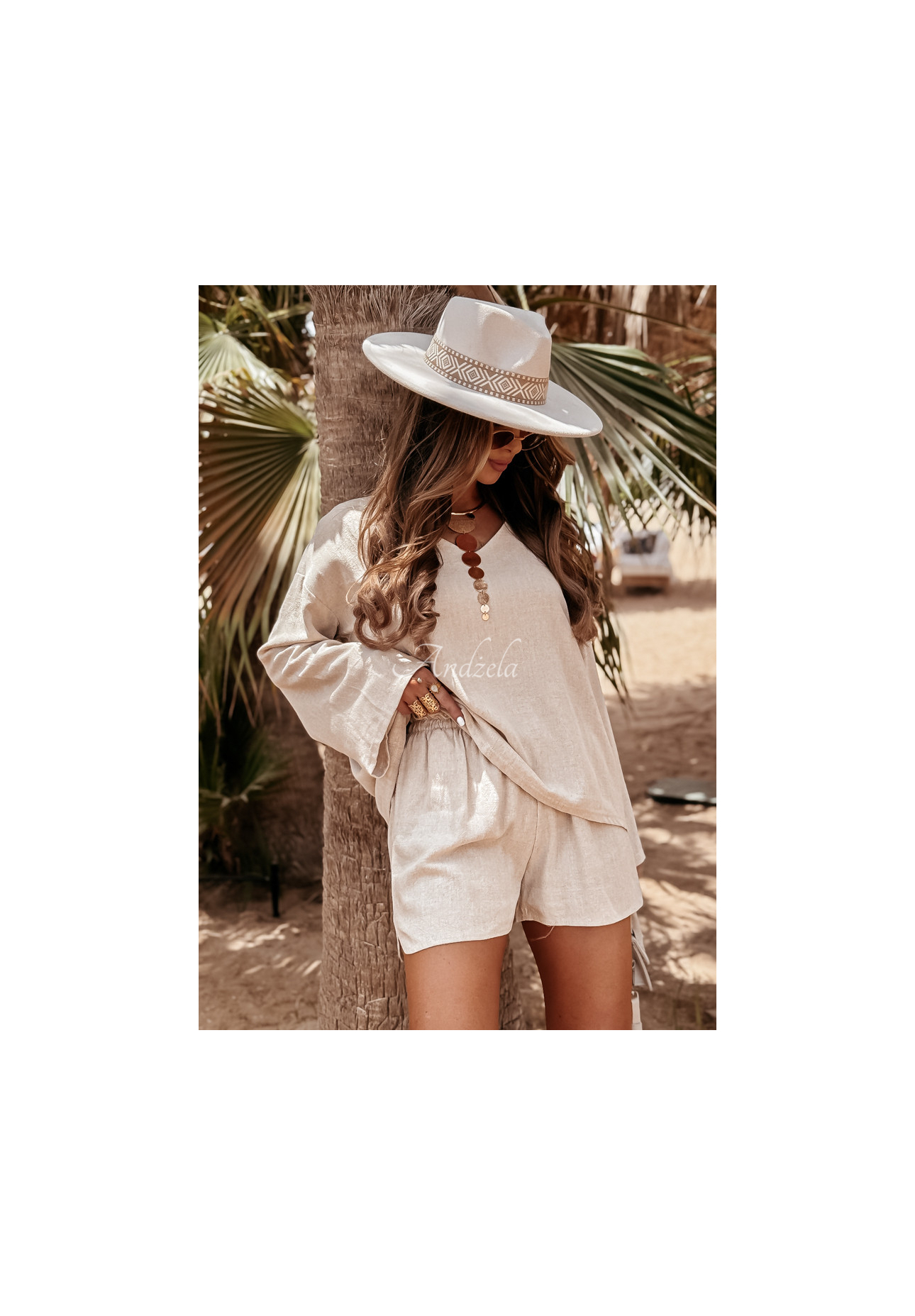 Lniany komplet bluzka i spodenki See My Seas beżowy