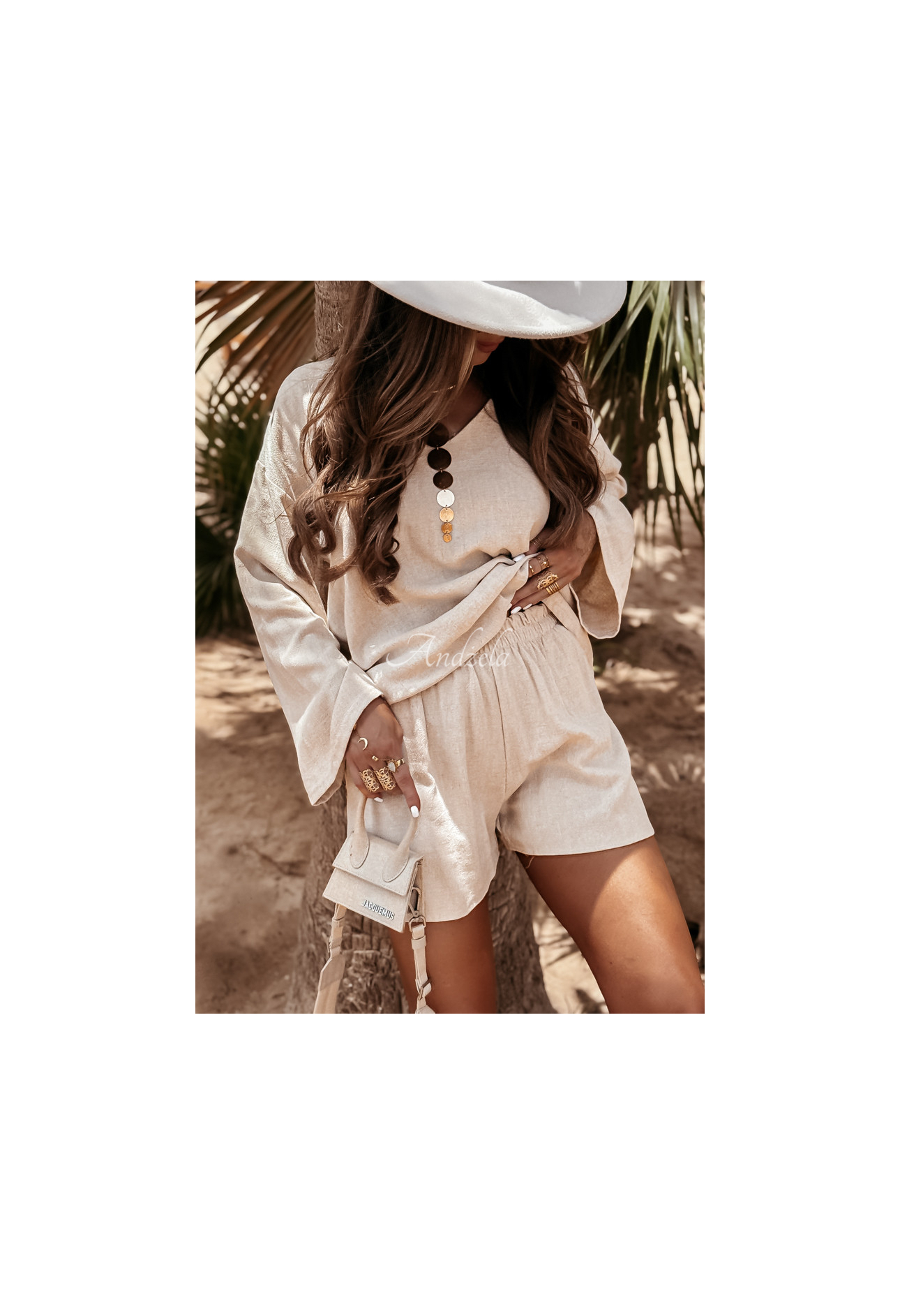 Lniany komplet bluzka i spodenki See My Seas beżowy