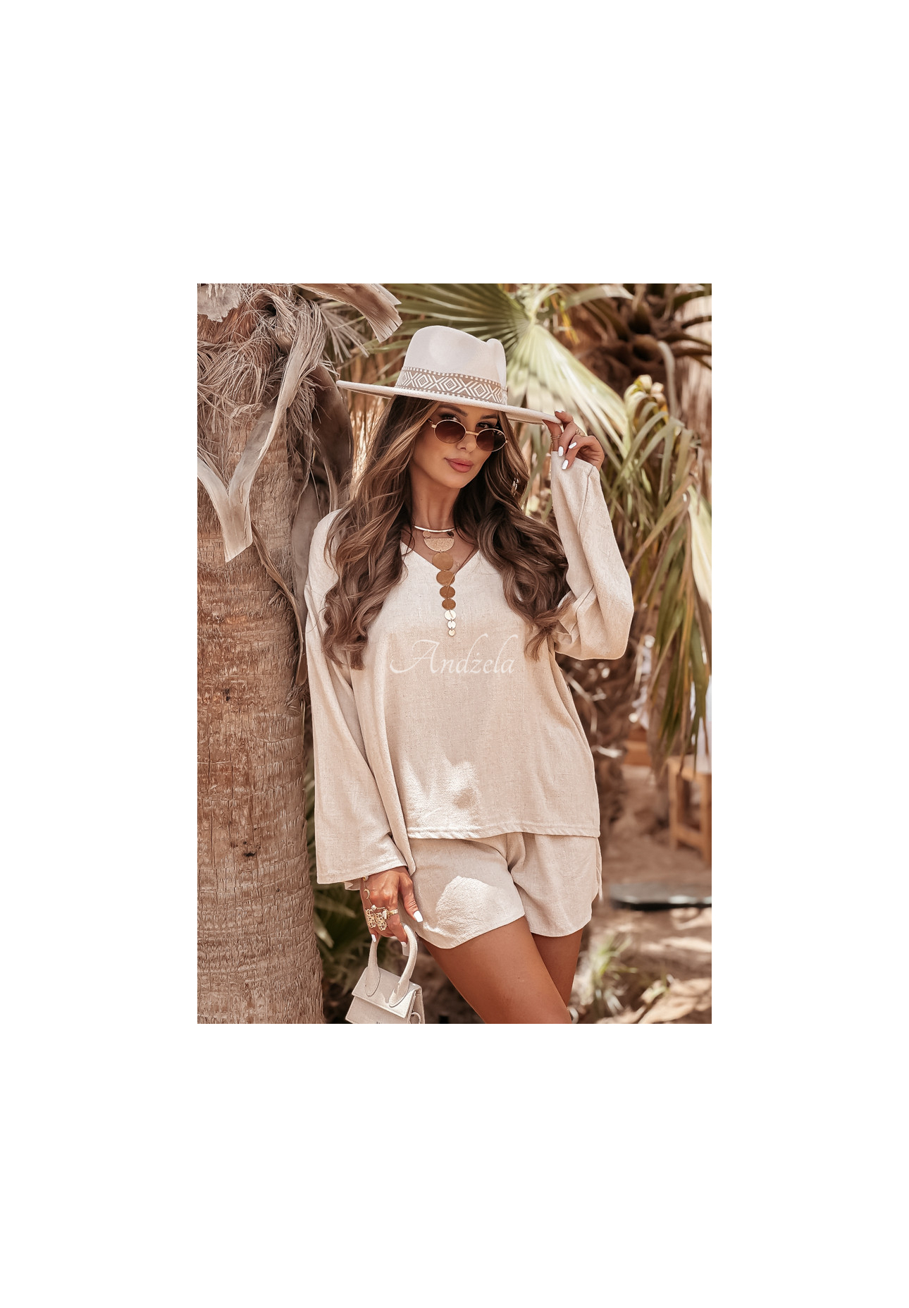 Lniany komplet bluzka i spodenki See My Seas beżowy