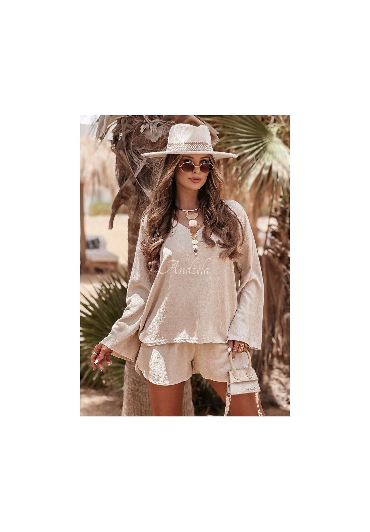 Lniany komplet bluzka i spodenki See My Seas beżowy