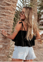 Muślinowy top z falbankami Tropical Treats czarny