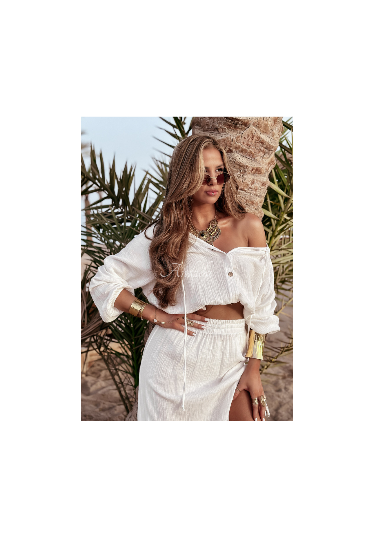 Muslin set blouse and skirt with slit Summer Begins ecru