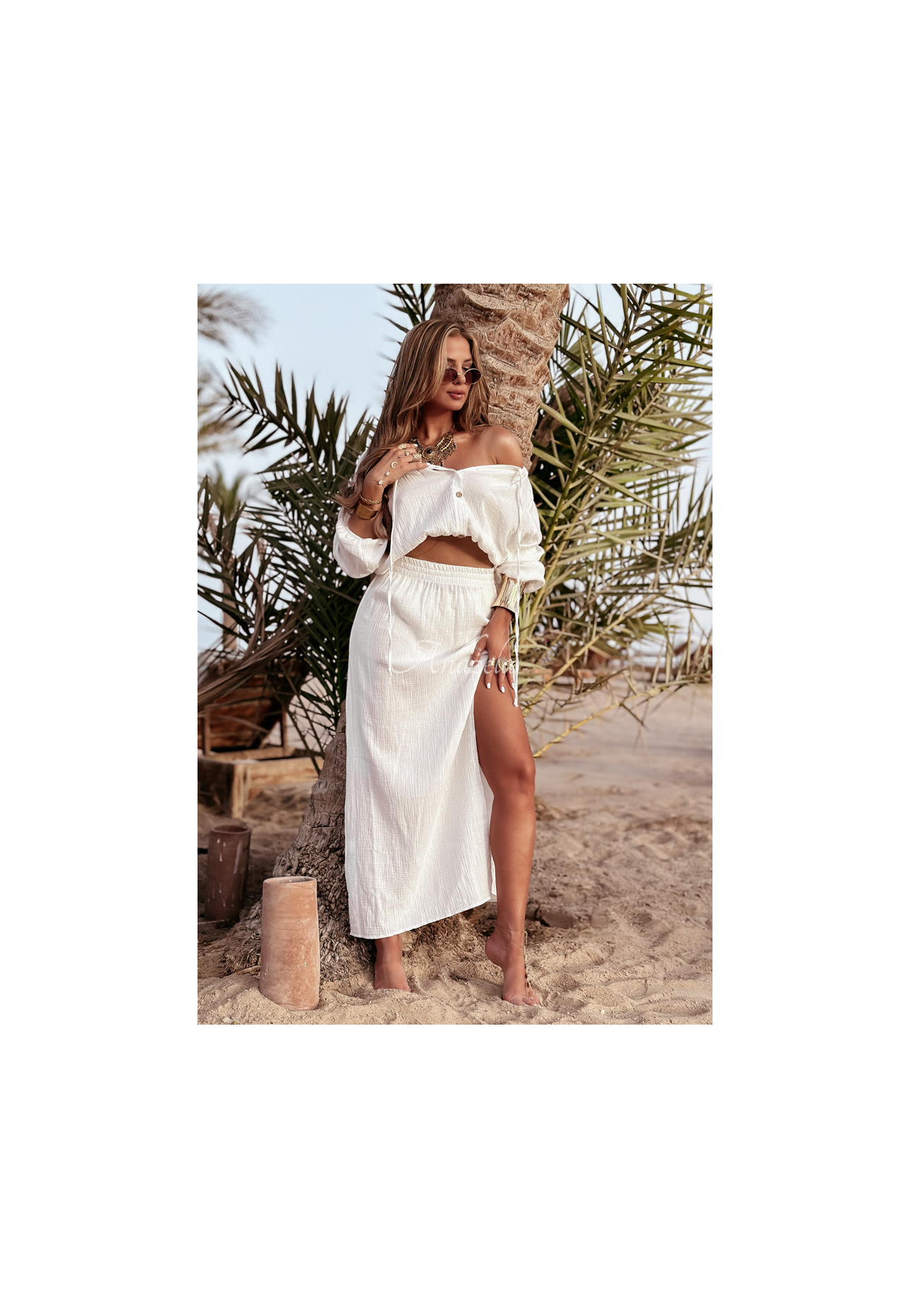 Muslin set blouse and skirt with slit Summer Begins ecru