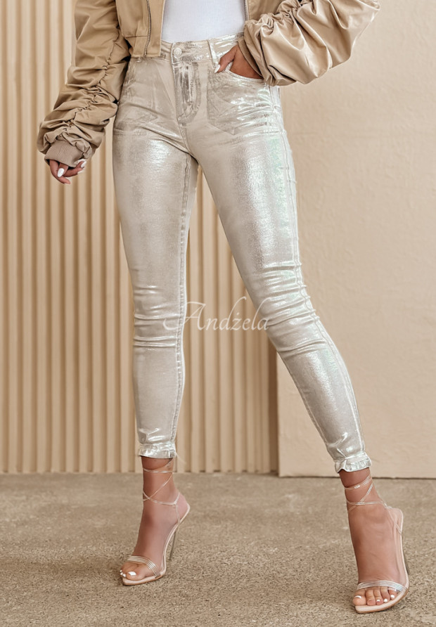 Spodnie jeansowe Silveris beżowo-srebrne