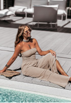 Długi kombinezon wide leg Flower Fusion beżowy