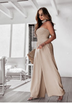 Długi kombinezon wide leg Flower Fusion beżowy