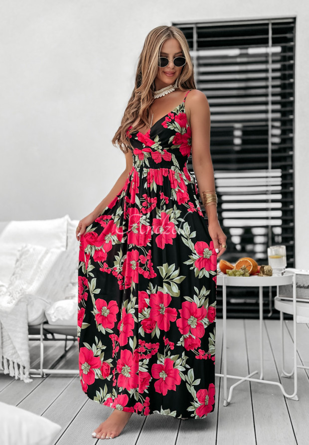 Oceanic Whispers black and pink patterned strapless dress
