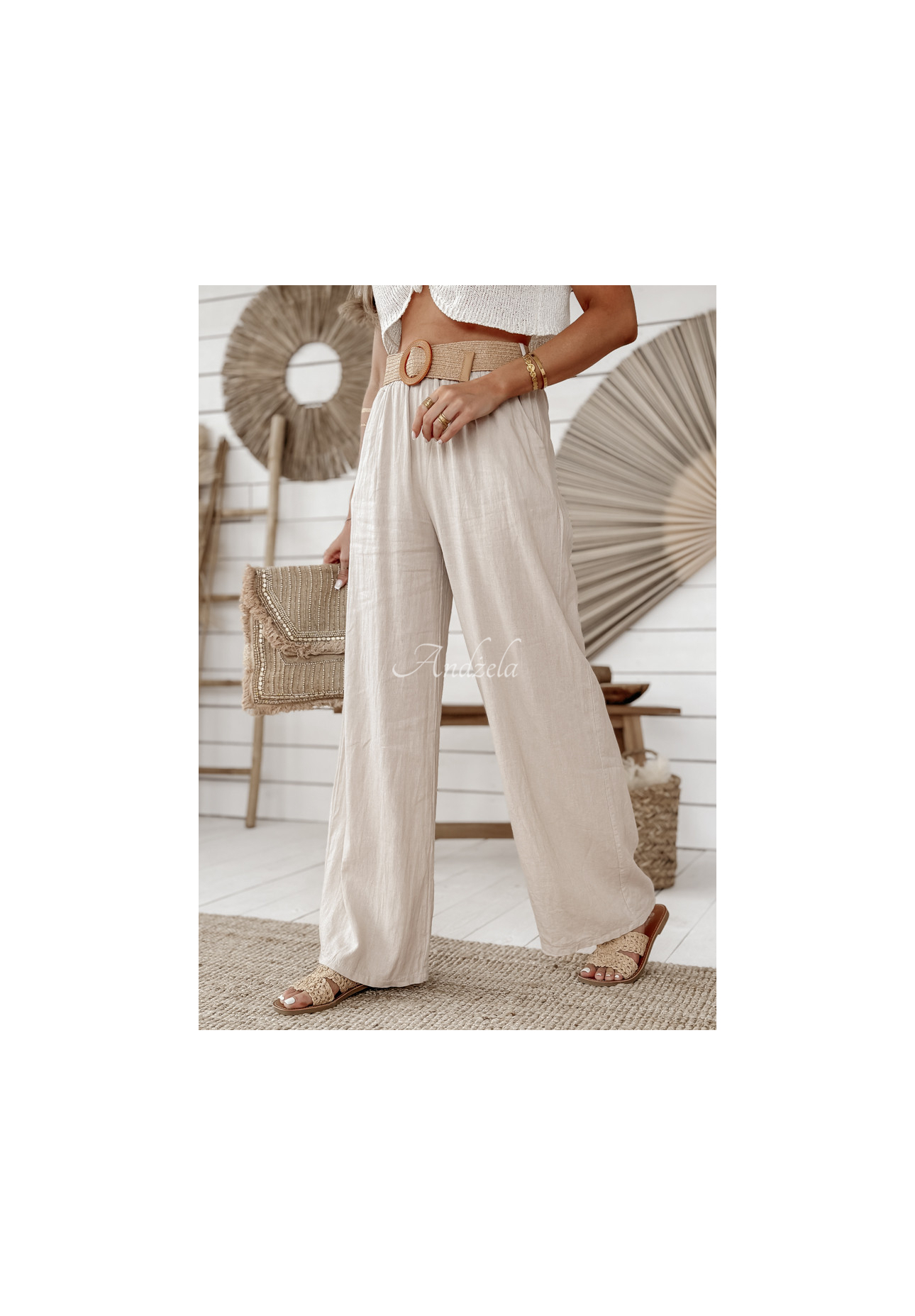 Linen wide leg pants with belt Total Trip beige