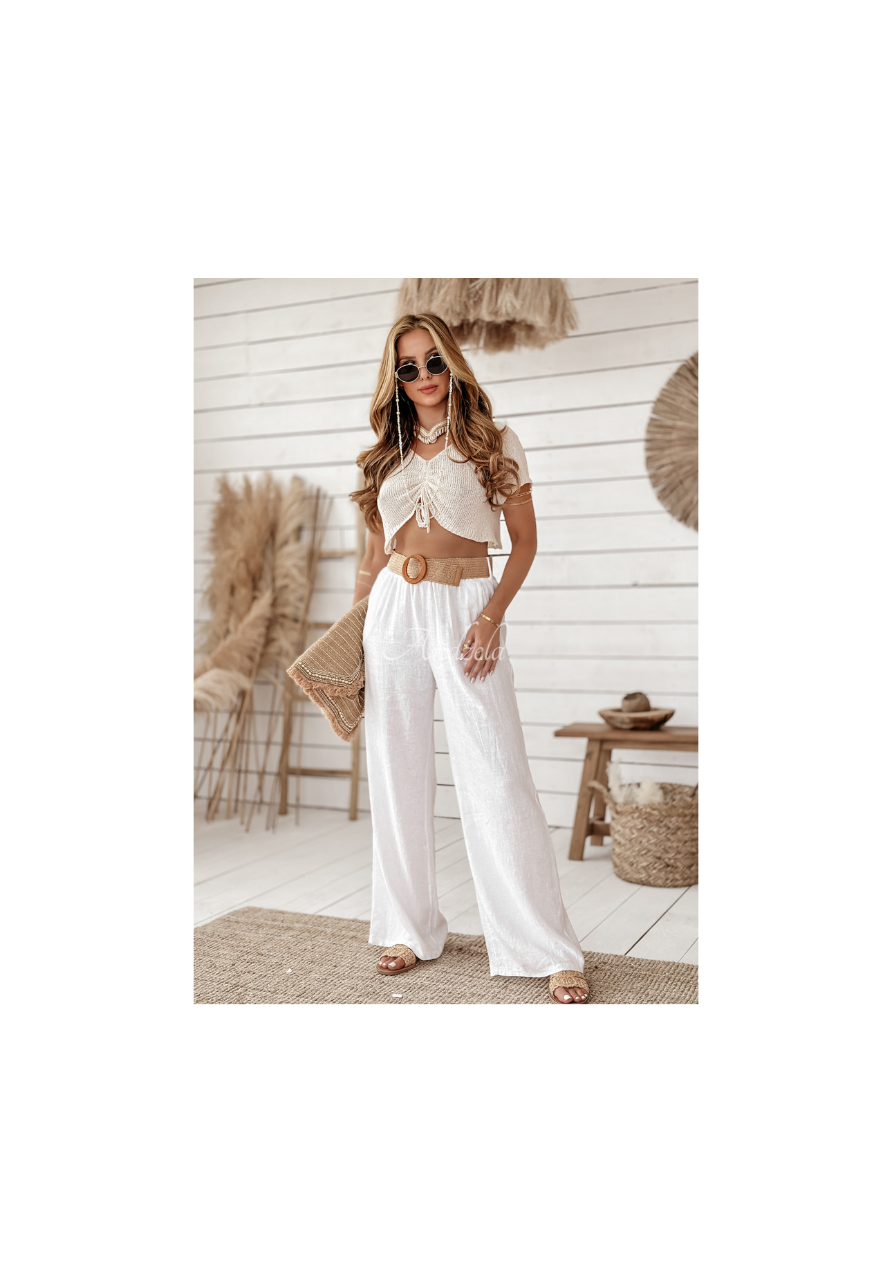 Linen wide leg pants with belt Total Trip white