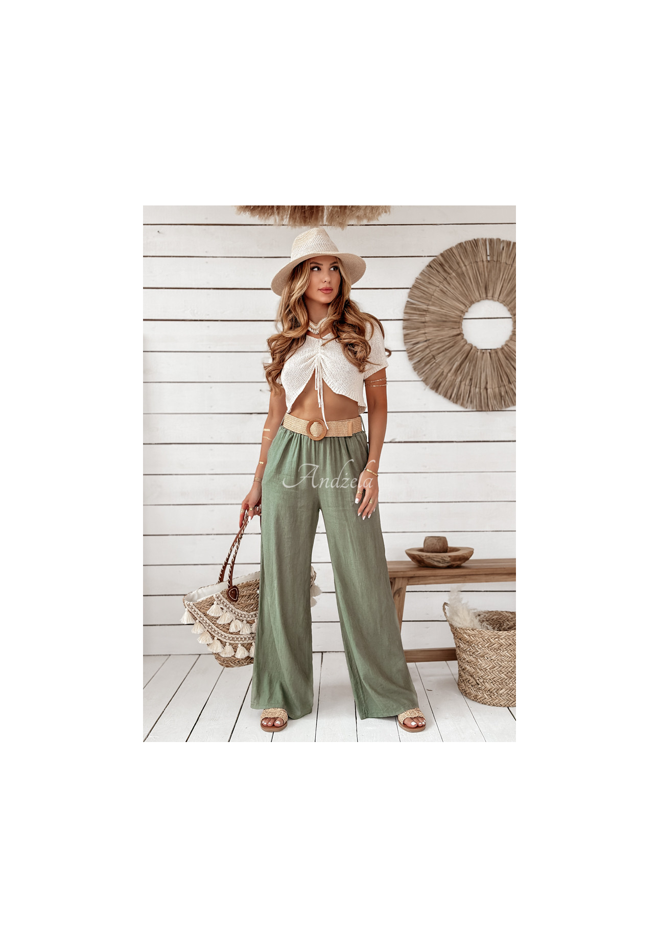 Linen wide leg pants with belt Total Trip khaki