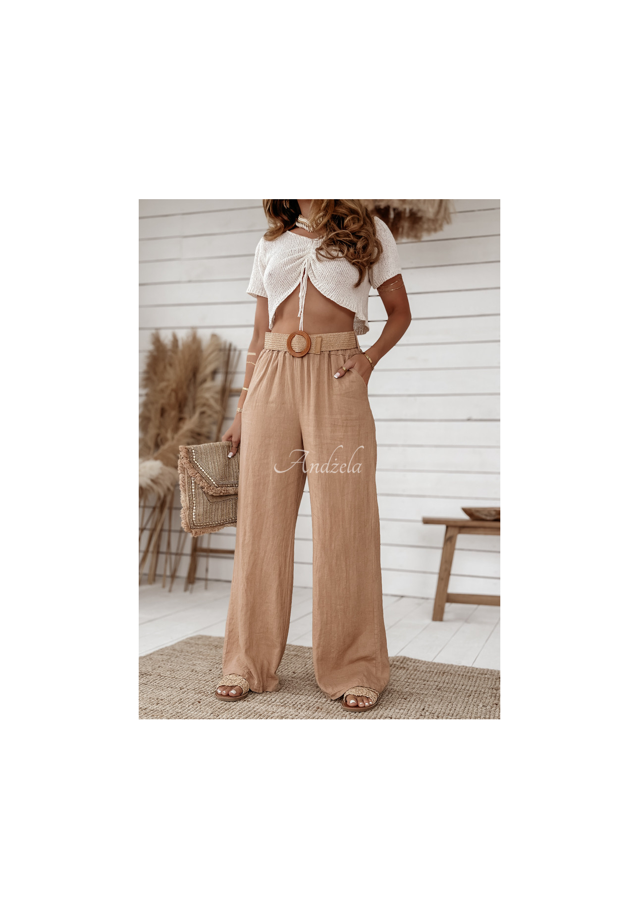 Linen wide leg pants with belt Total Trip camel