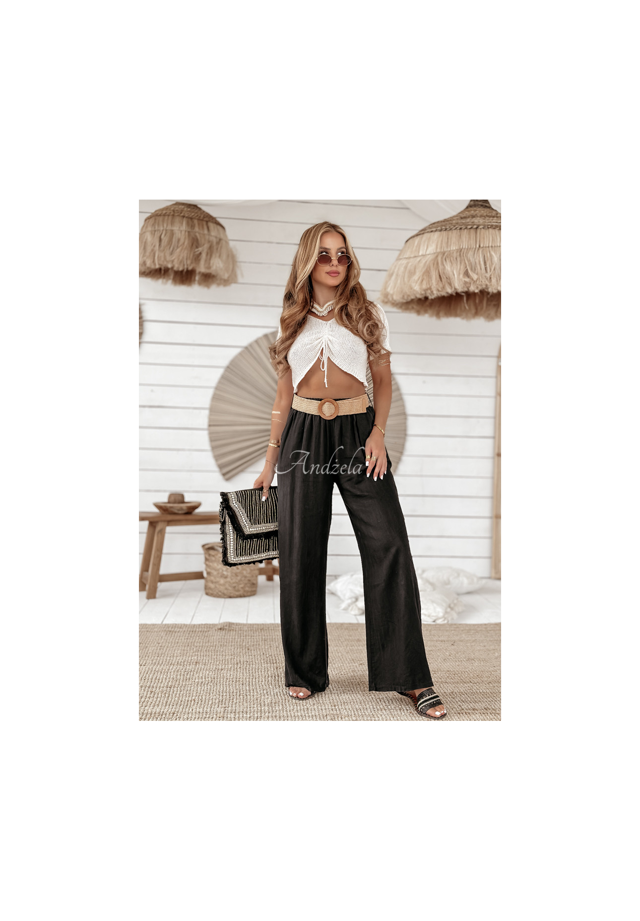 Linen wide leg pants with belt Total Trip black