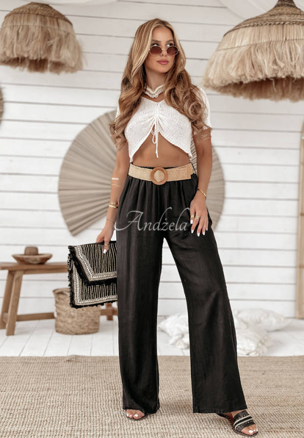 Lniane spodnie wide leg z paskiem Total Trip czarne