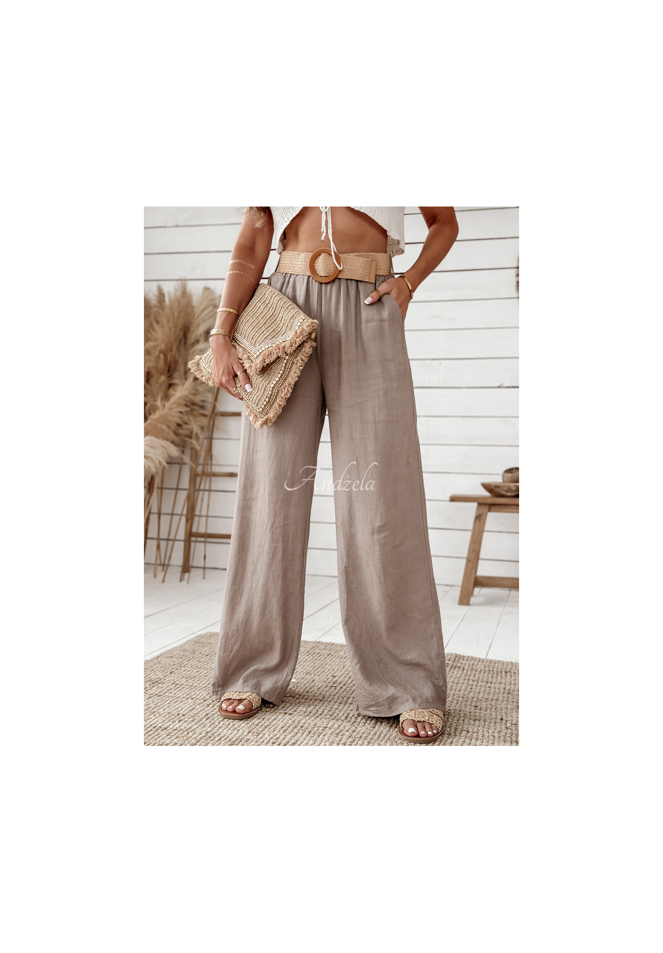 Linen wide leg pants with belt Total Trip mocha