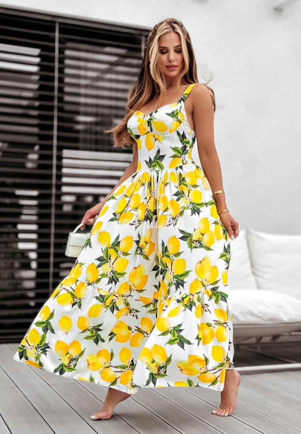 Sukienka maxi na ramiączkach w cytrynki Sour Summer biało-żółta