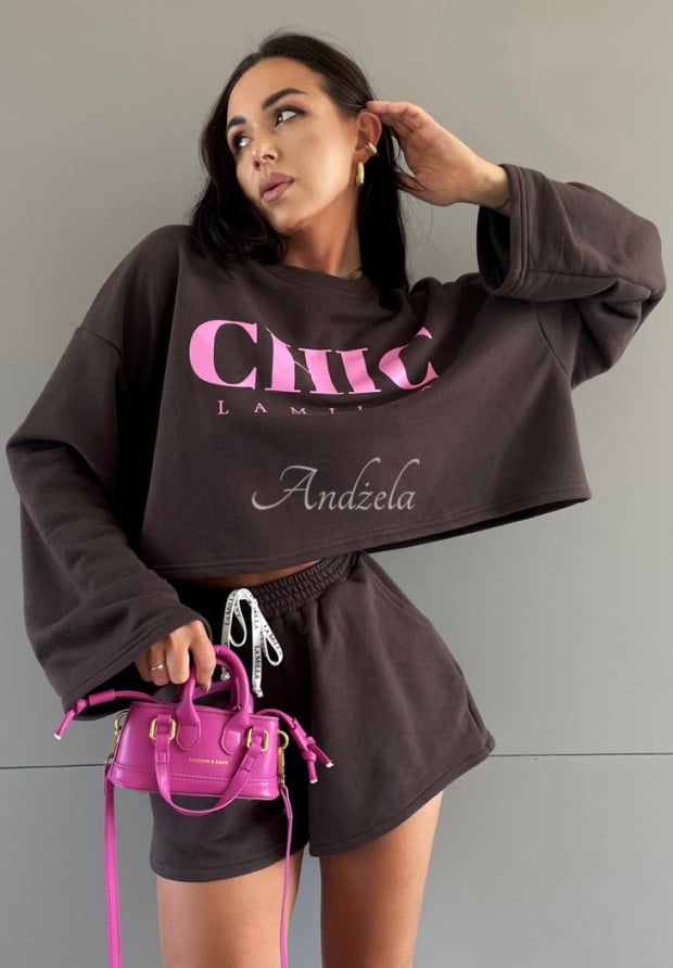 Bluza z nadrukiem La Milla Chic czekoladowo-różowa