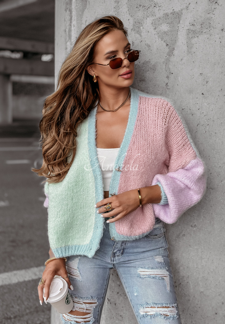 Short unbuttoned cardigan With Care blue-pink