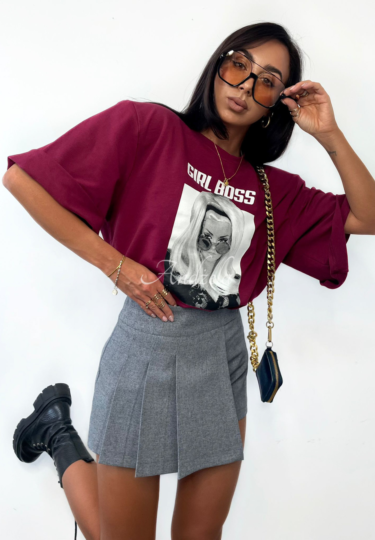 T-shirt oversize La Milla Girl Boss burgundowy