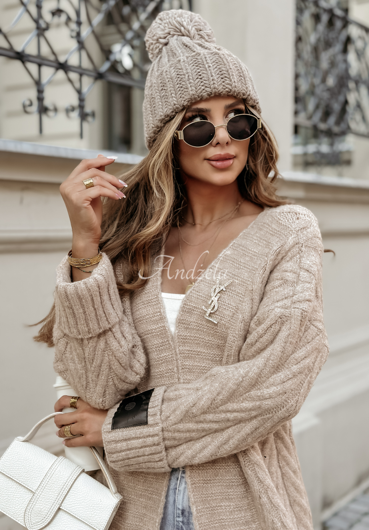 Długi ozdobnie pleciony kardigan z wełną Raindrop Reverie beżowy