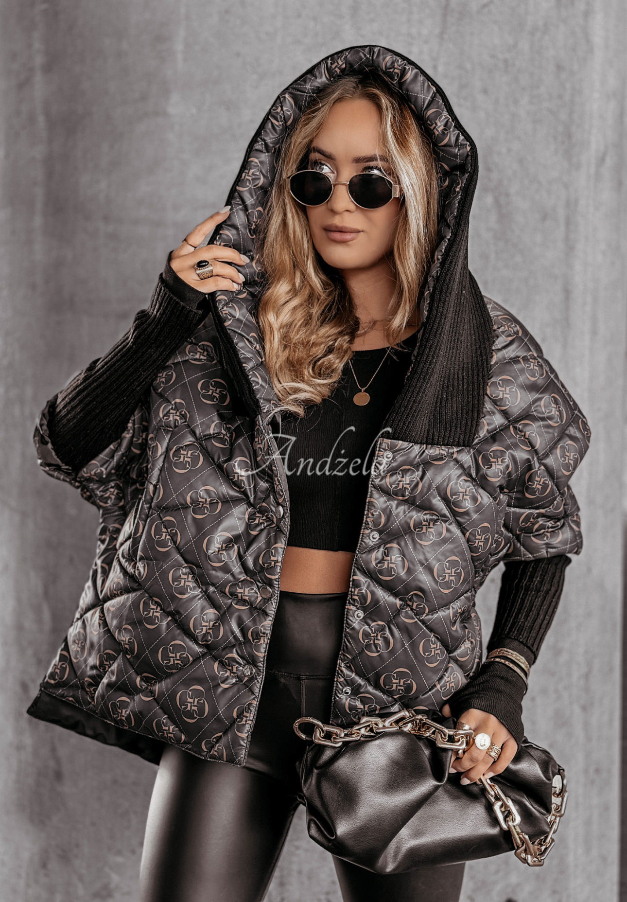 Sancha black patterned oversize hooded jacket
