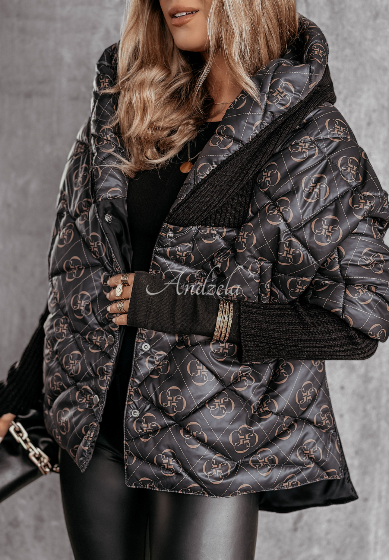 Sancha black patterned oversize hooded jacket