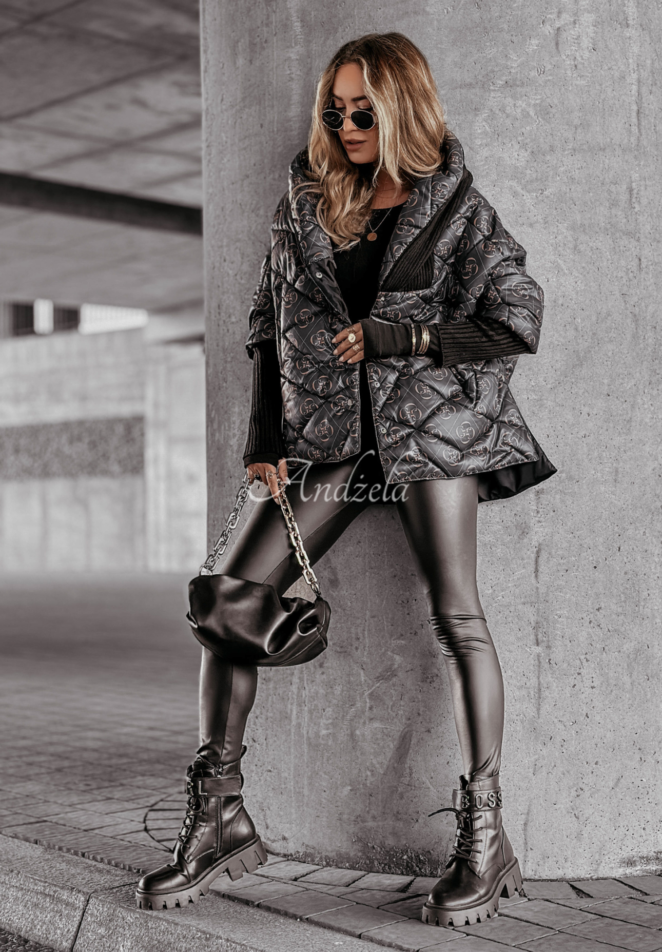 Sancha black patterned oversize hooded jacket