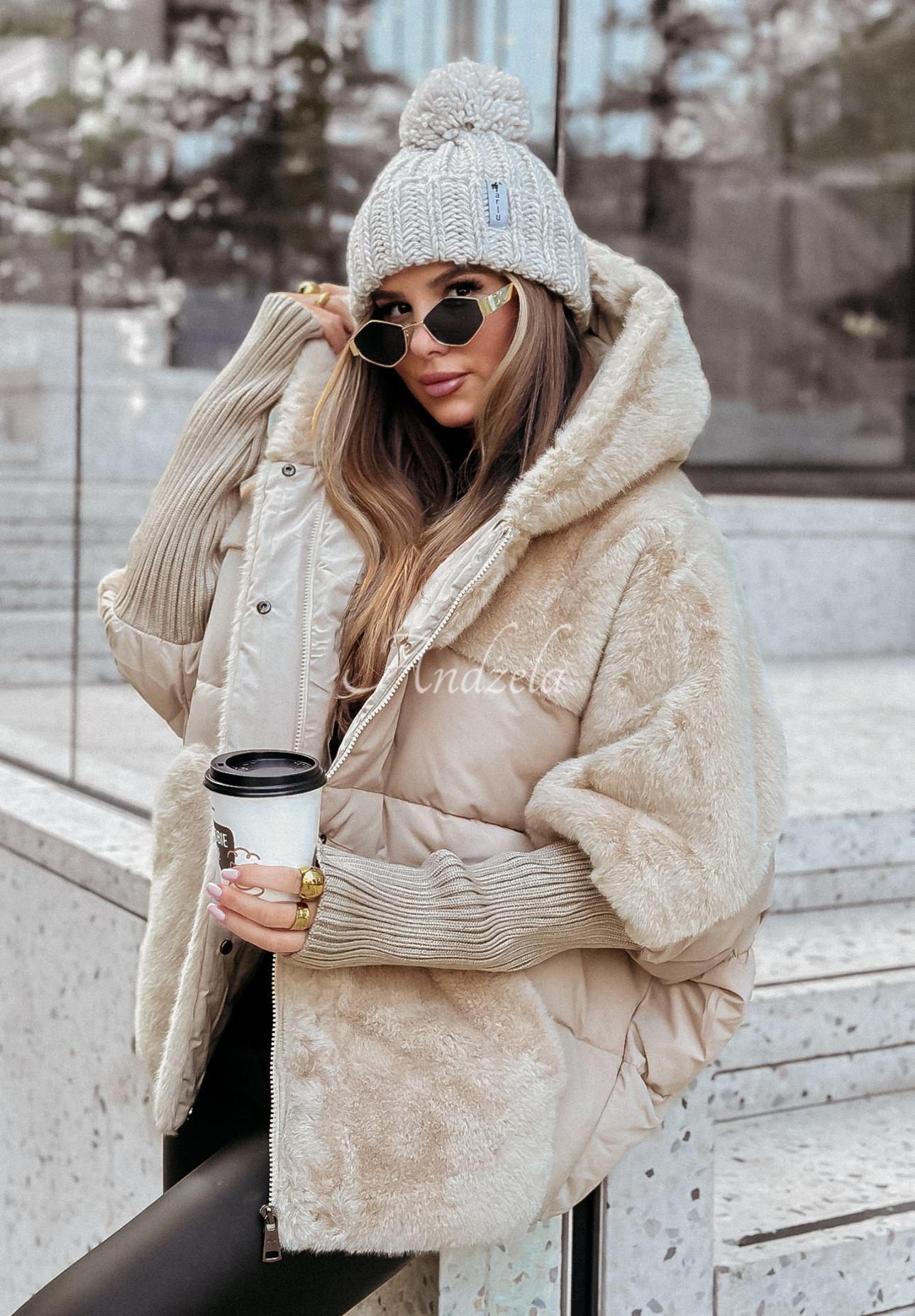 Snow & Pines quilted fur jacket beige