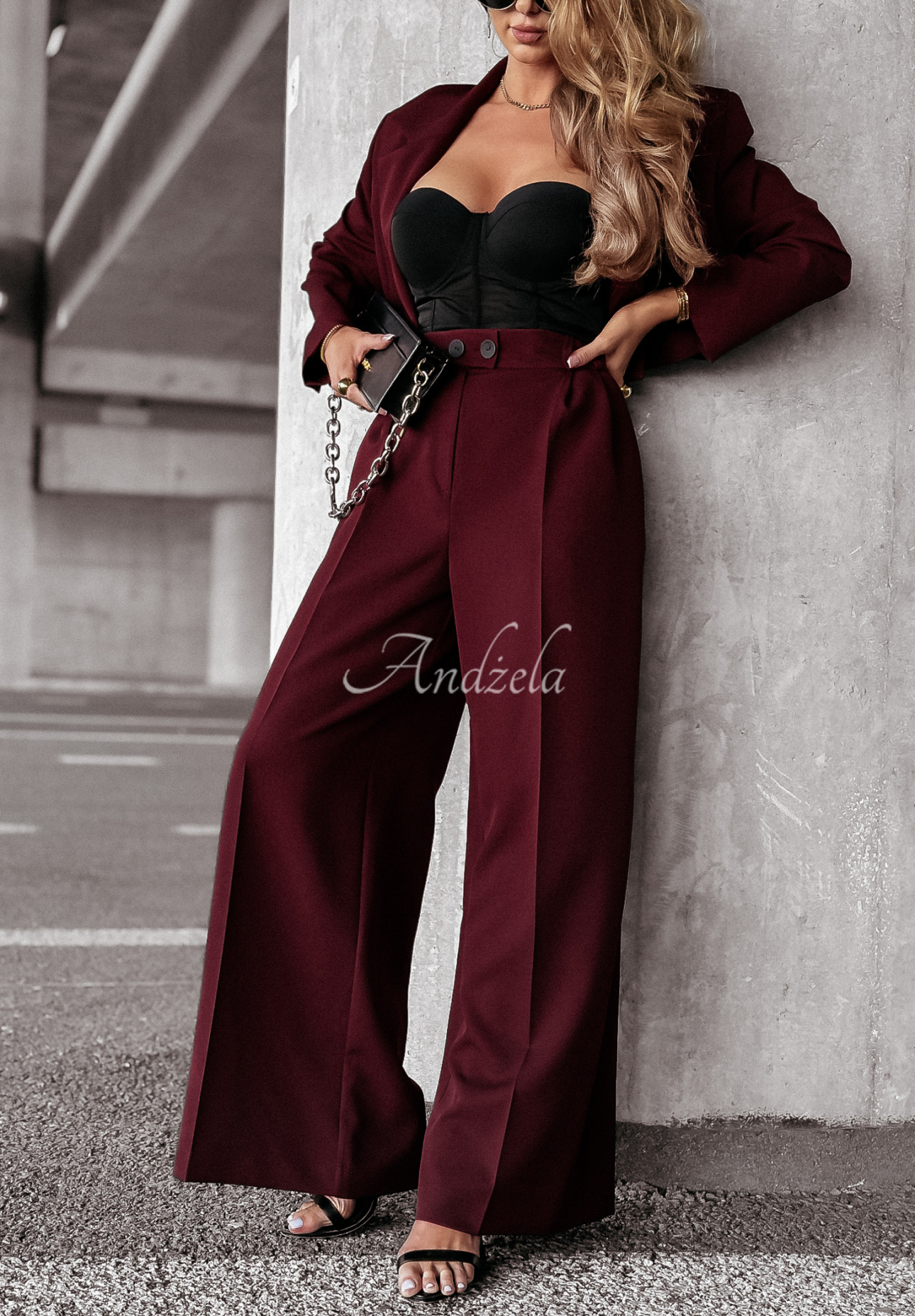 Eleganckie spodnie wide leg First Class burgundowe