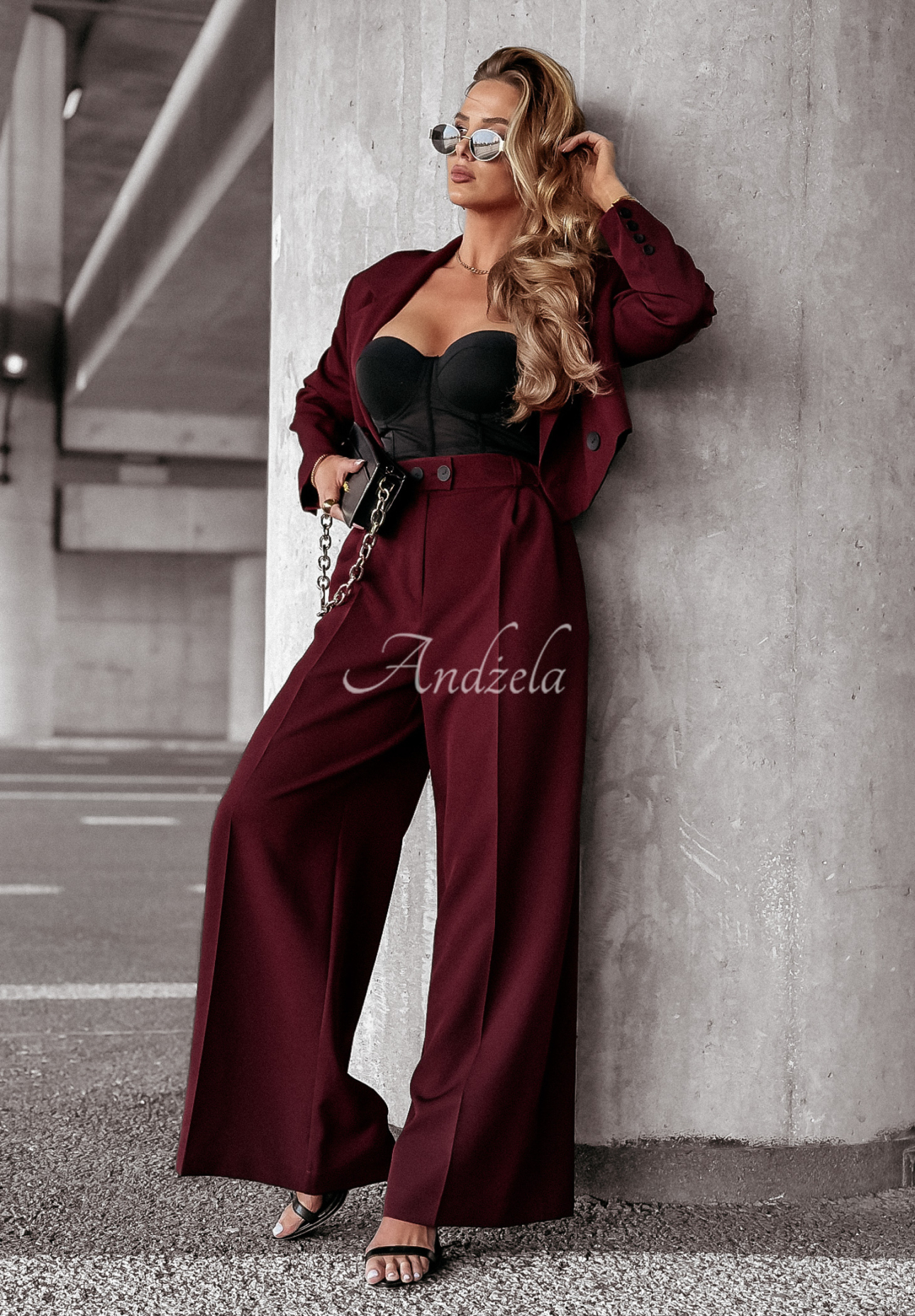 Eleganckie spodnie wide leg First Class burgundowe