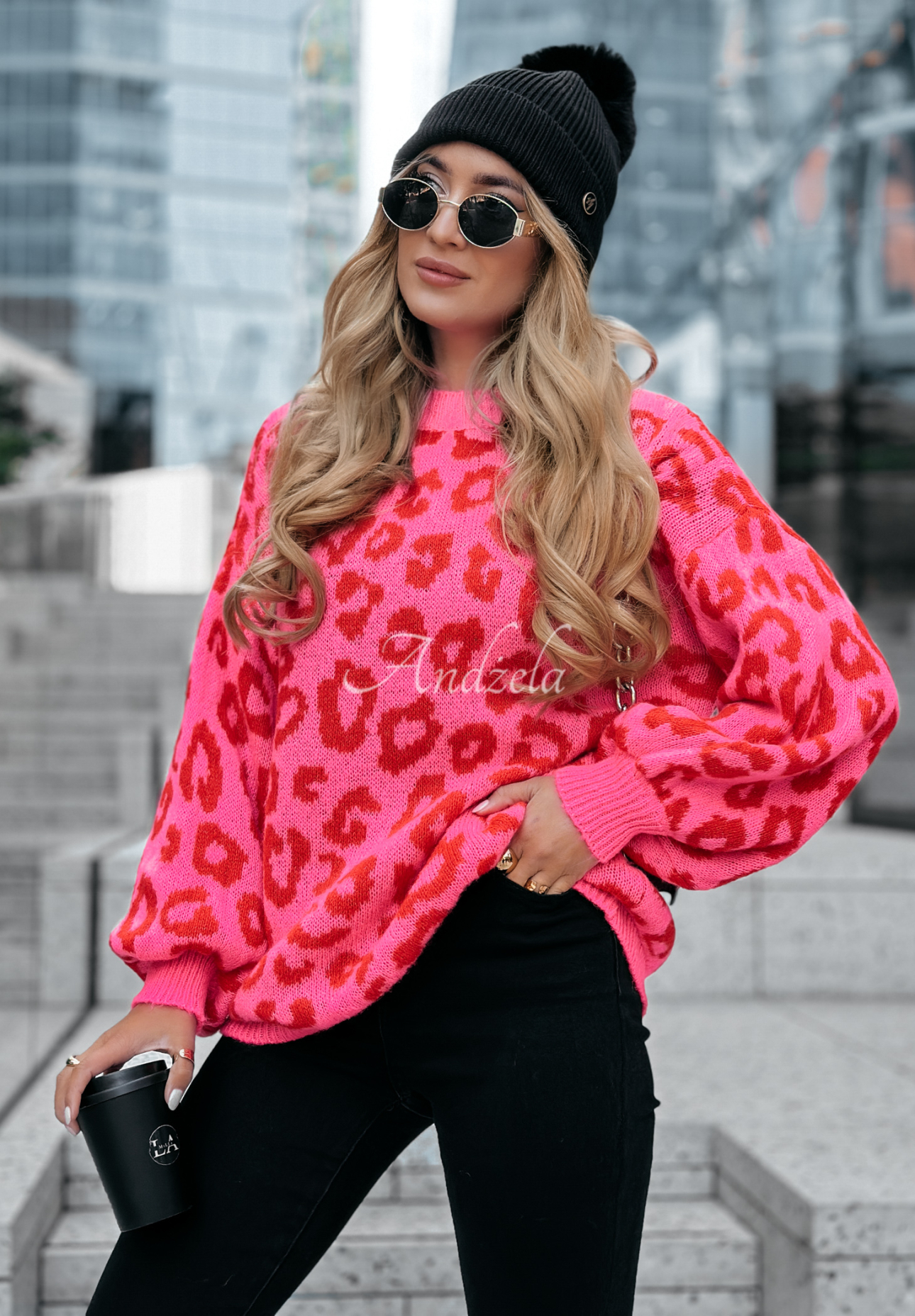 Sweter w panterkę Girly Chic różowo-czerwony