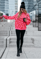 Sweter w panterkę Girly Chic różowo-czerwony