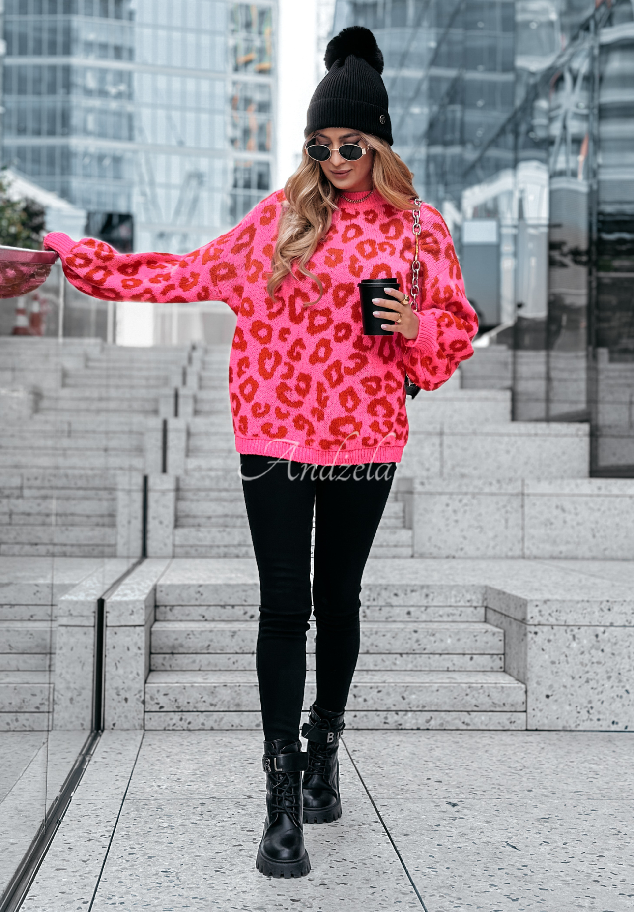 Sweter w panterkę Girly Chic różowo-czerwony