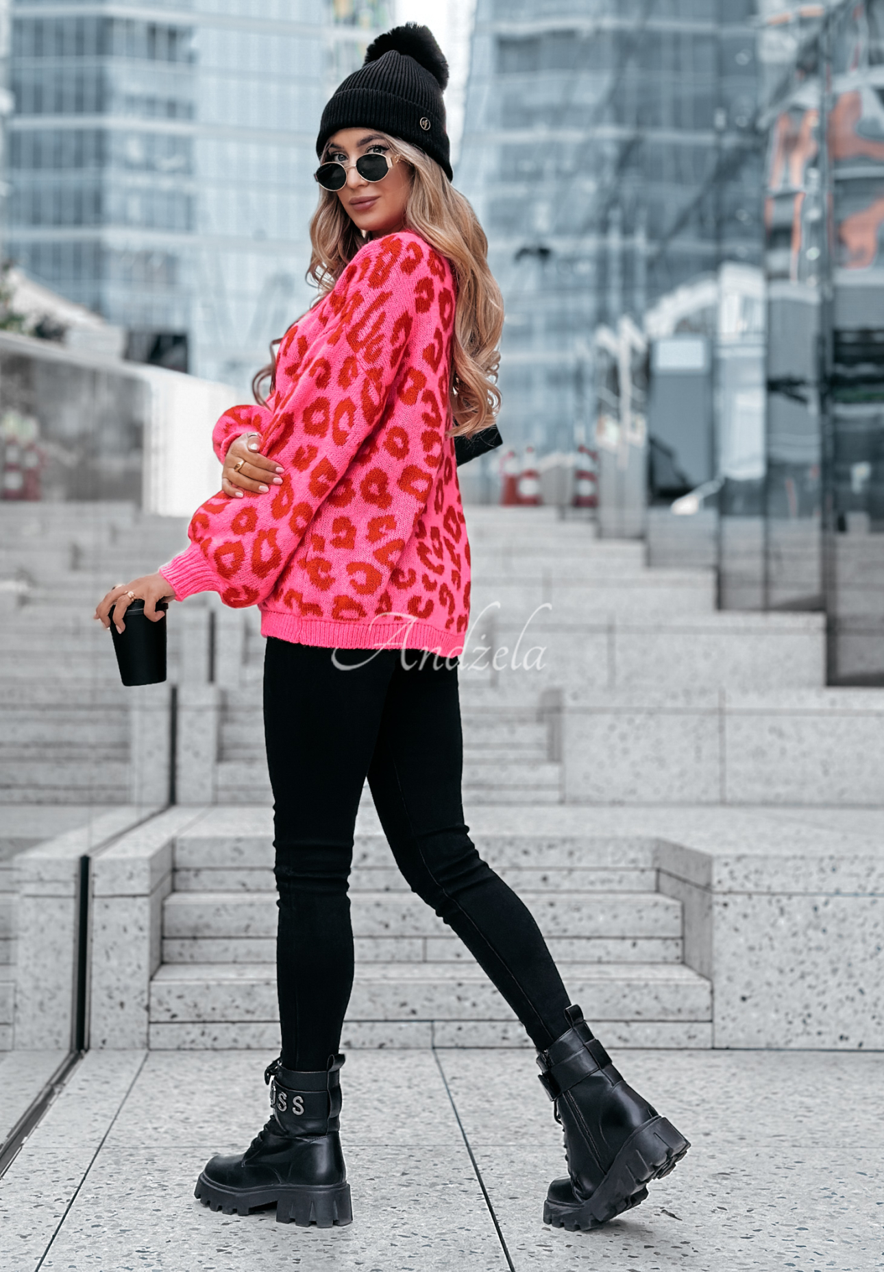 Sweter w panterkę Girly Chic różowo-czerwony