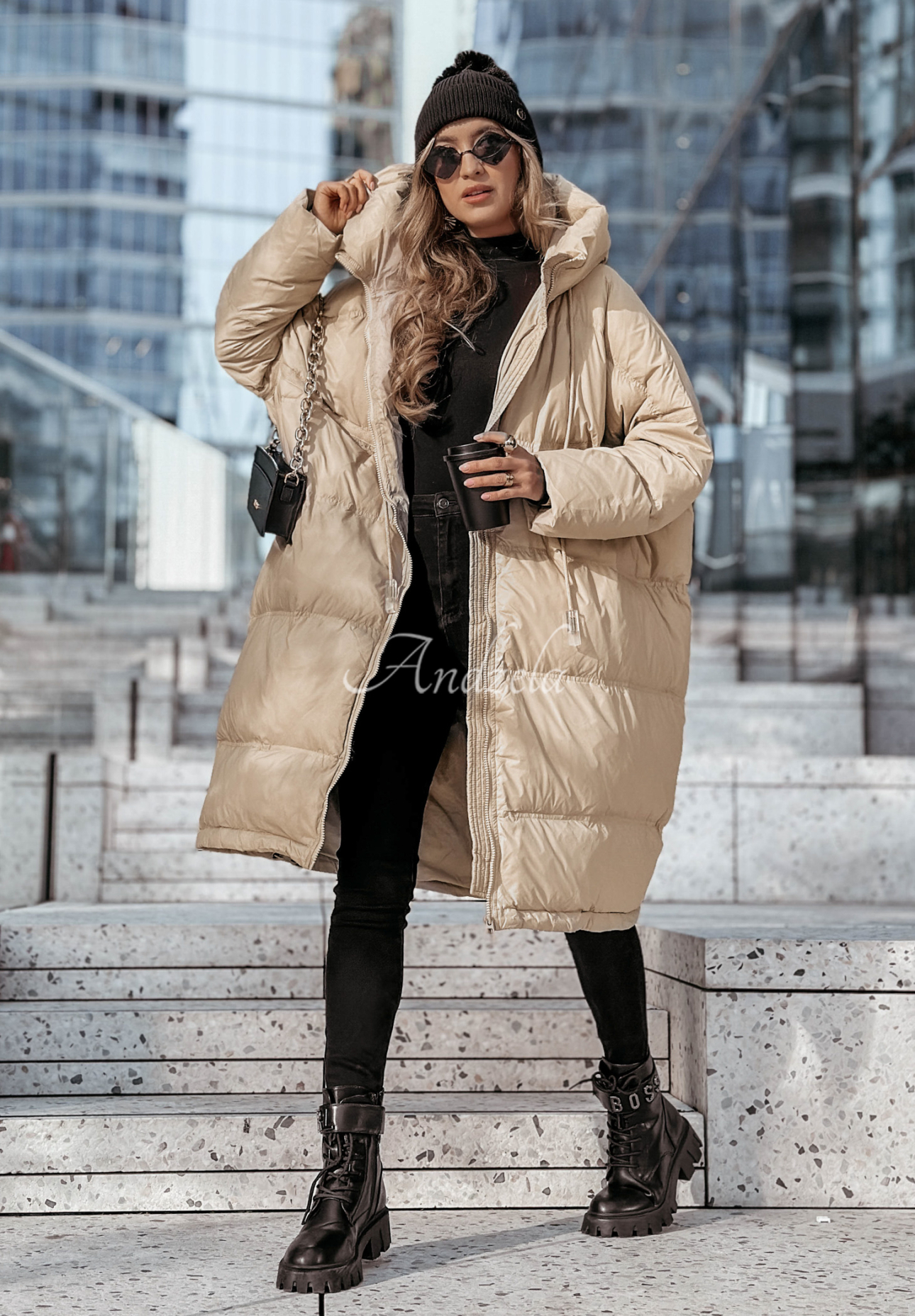 Long down jacket with hood Coldest Of Times beige