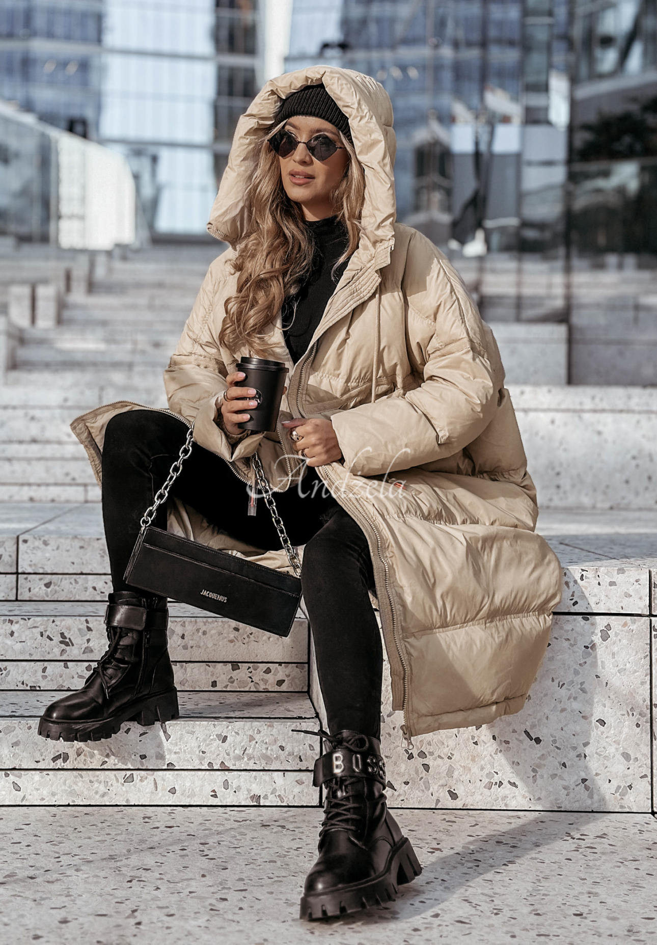 Long down jacket with hood Coldest Of Times beige