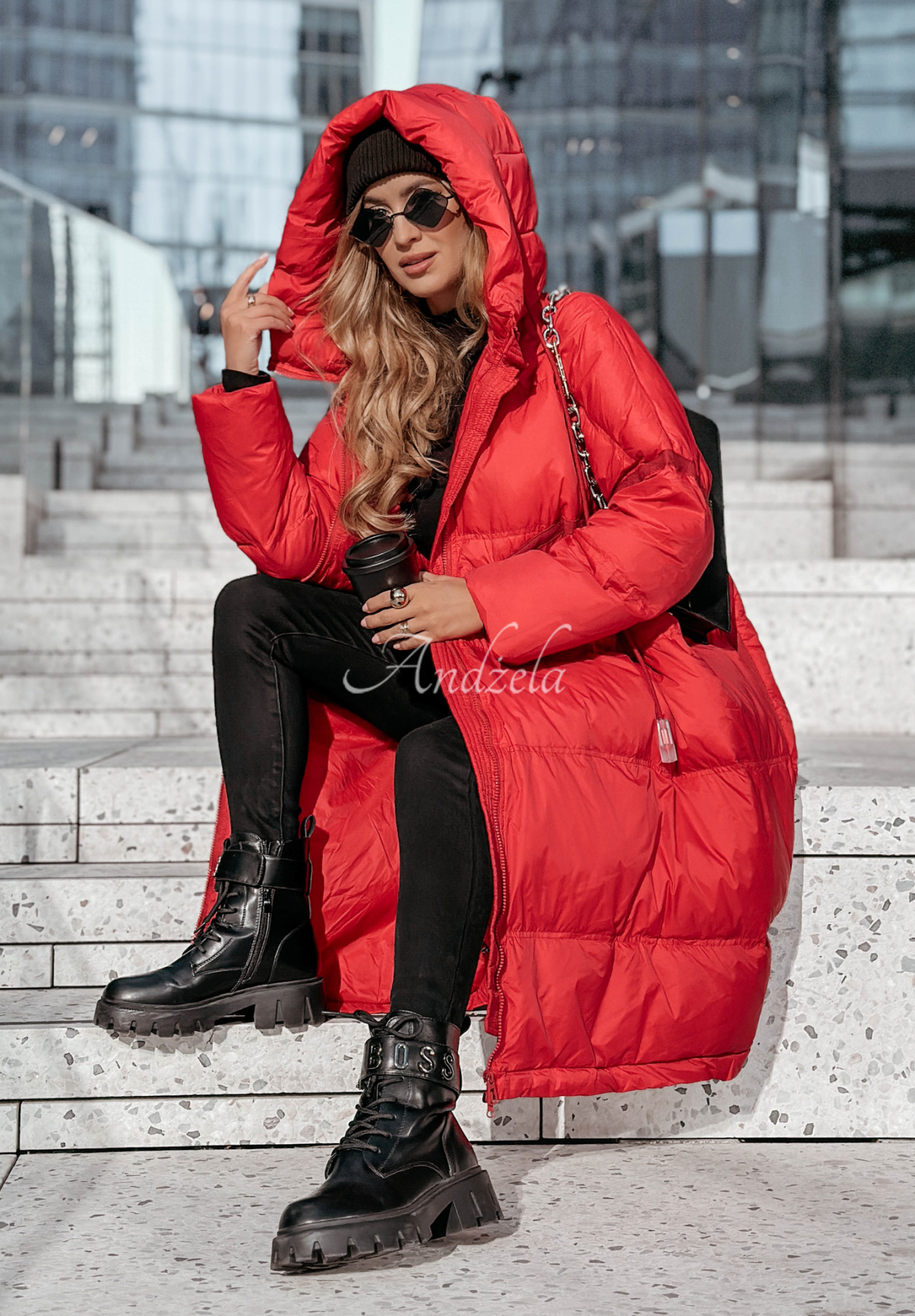 Long down jacket with hood Coldest Of Times red