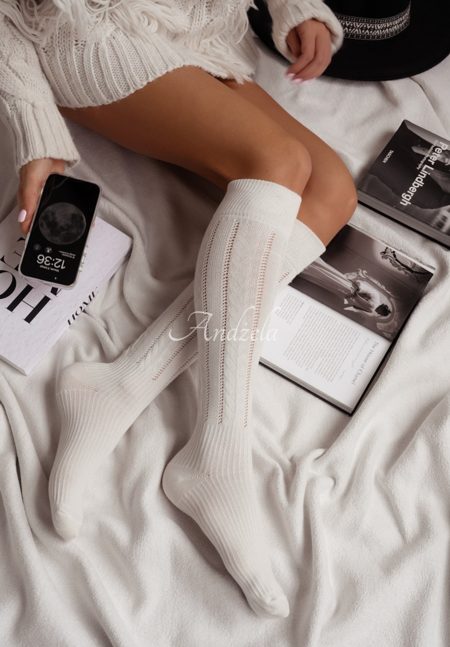 Openwork knee socks Laugh Often ecru Andżela Online Store