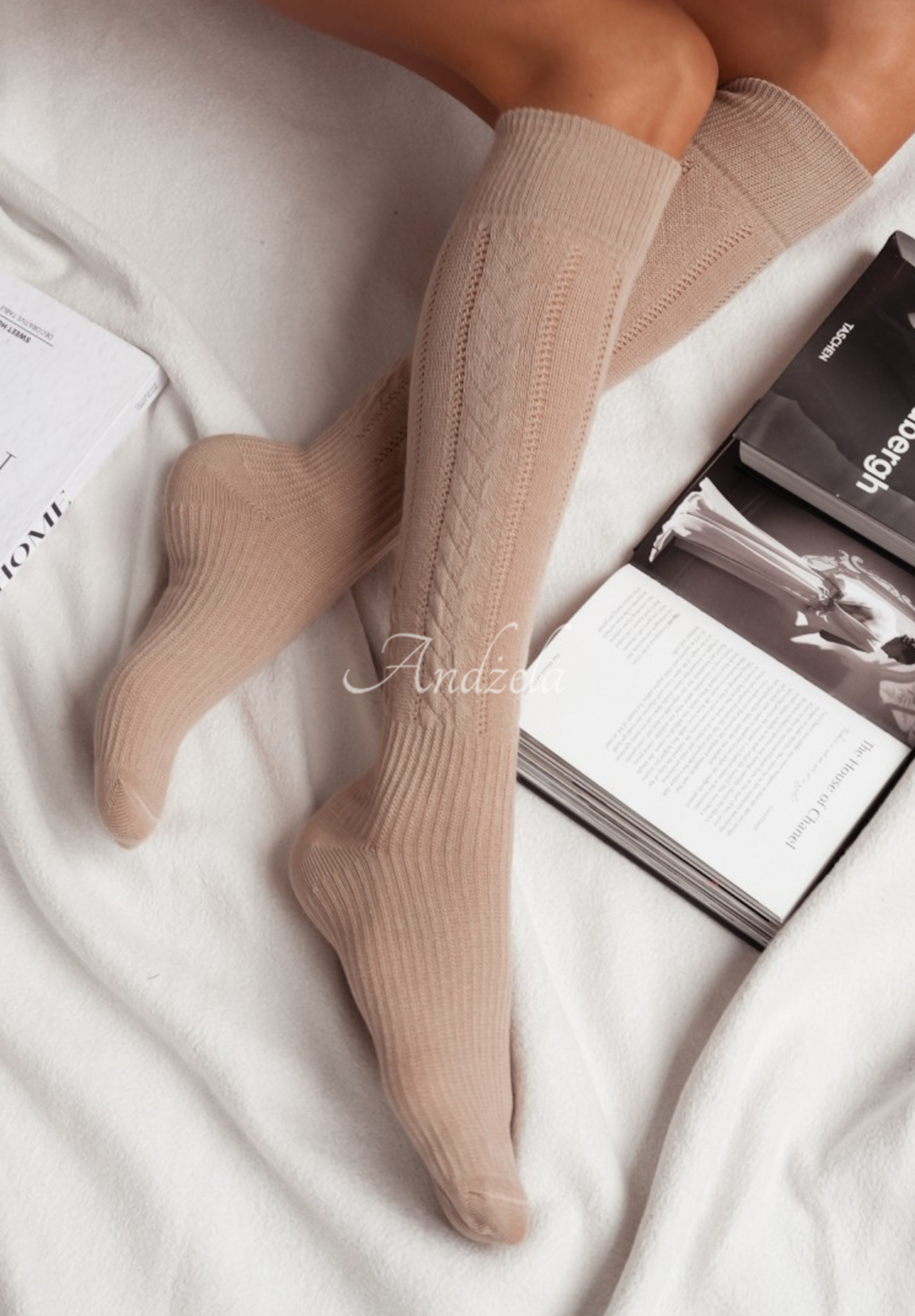 Laugh Often beige openwork knee socks