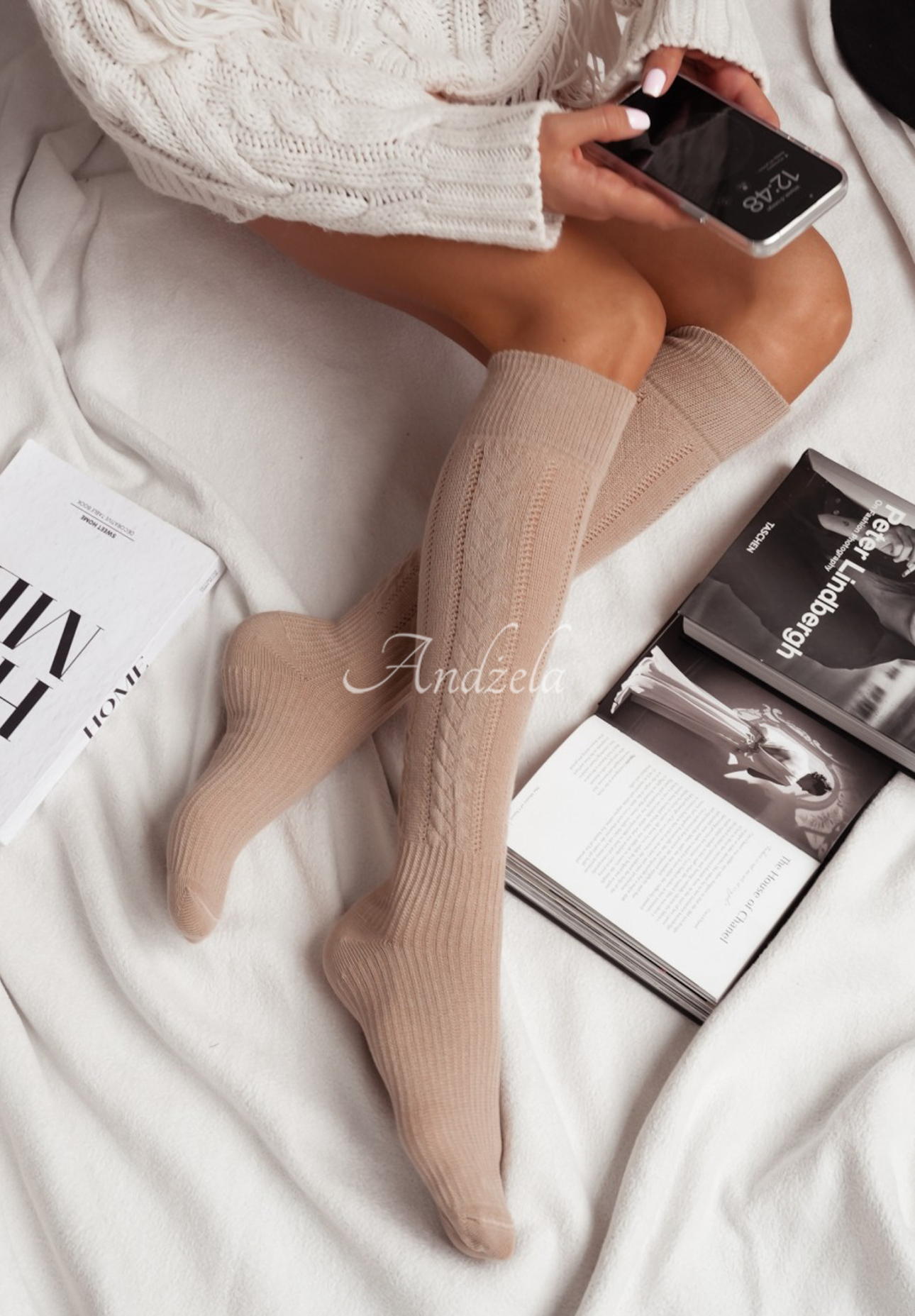 Laugh Often beige openwork knee socks